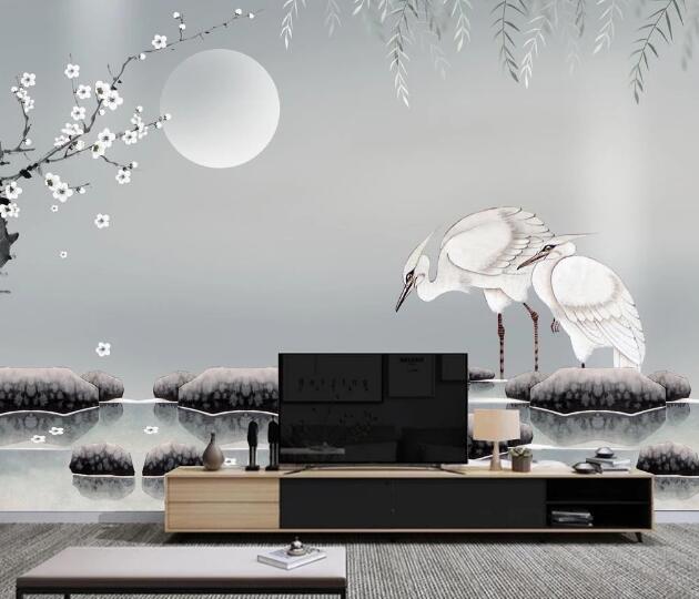 3D Moon Crane Stone WC2369 Wall Murals