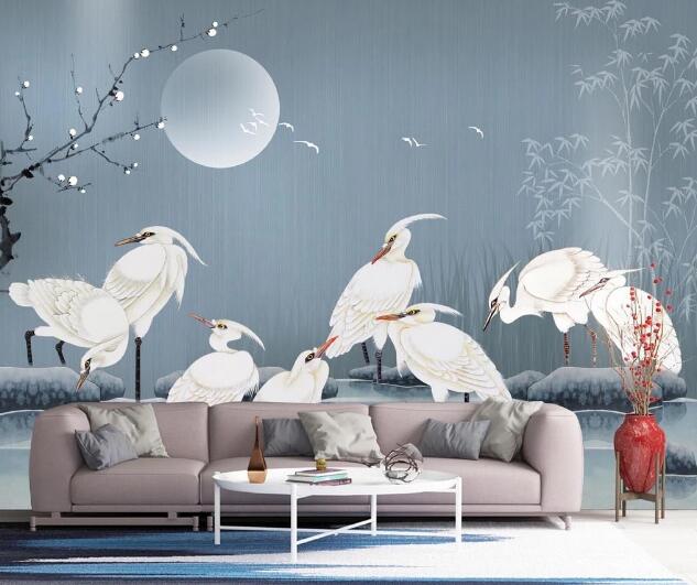 3D White Crane Moon WC2431 Wall Murals