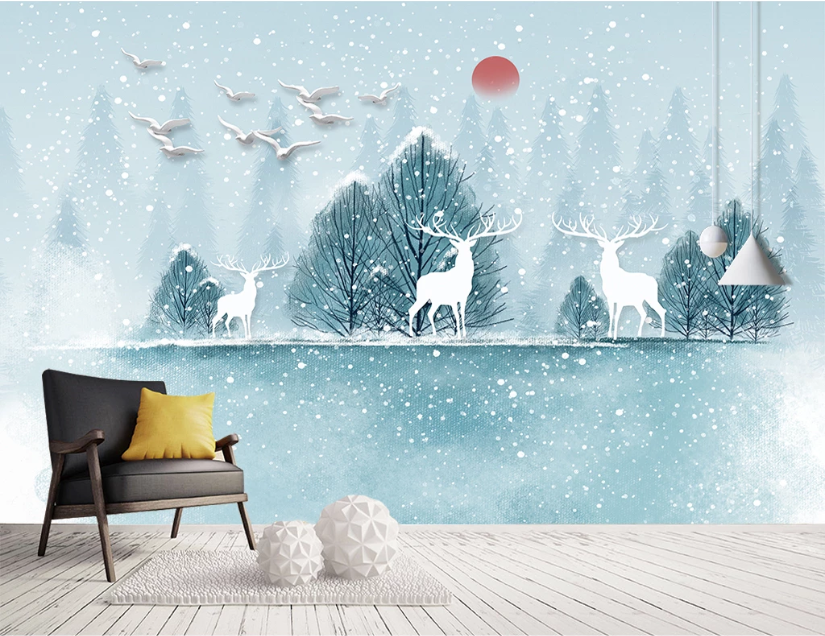 3D Snow Forest Deer WC1936 Wall Murals