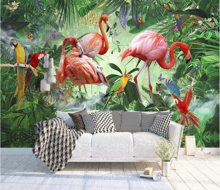 3D Flamingo Parrot WC1597 Wall Murals