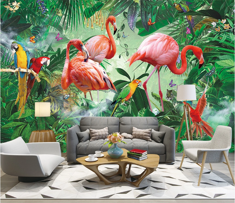 3D Flamingo Parrot WC1597 Wall Murals