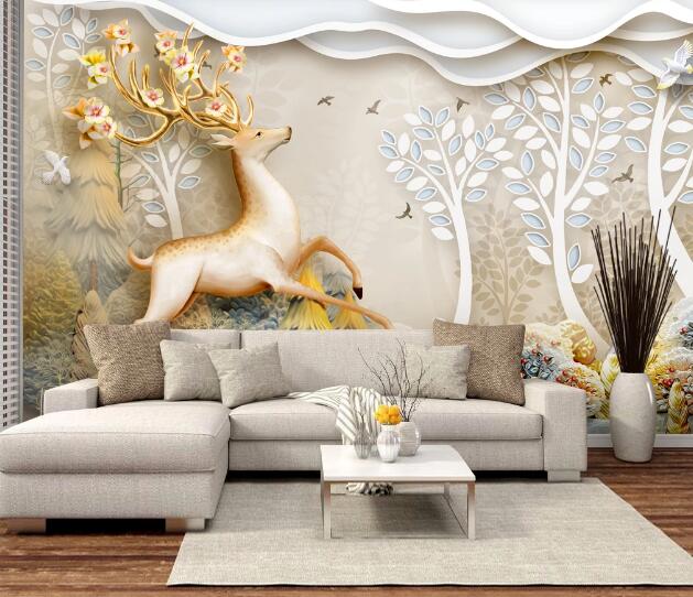 3D Golden Deer Flower WC1703 Wall Murals