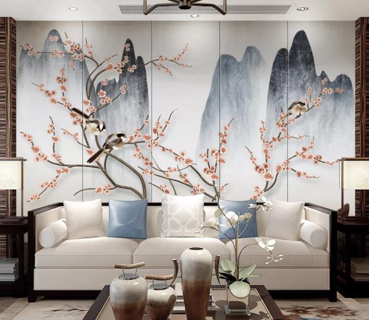 3D Bird Plum Mountain WC2662 Wall Murals
