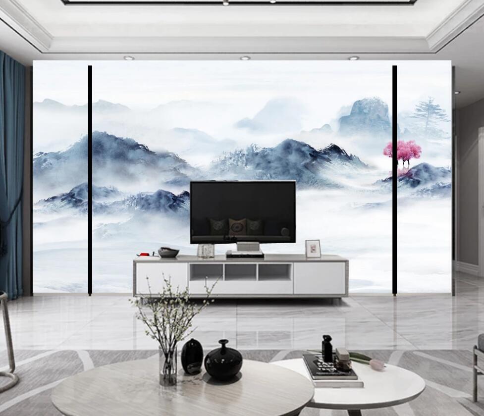 3D Pink Tree On Dark Blue Mountains 1709 Wall Murals