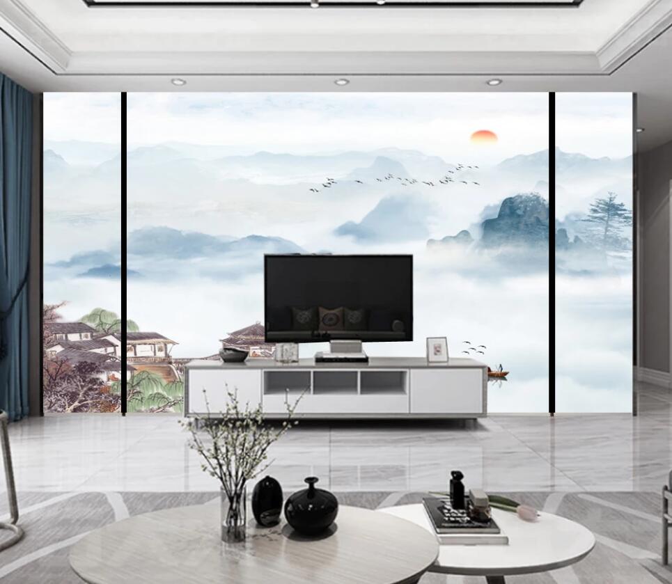 3D Light Blue Blooming Mountains 1700 Wall Murals