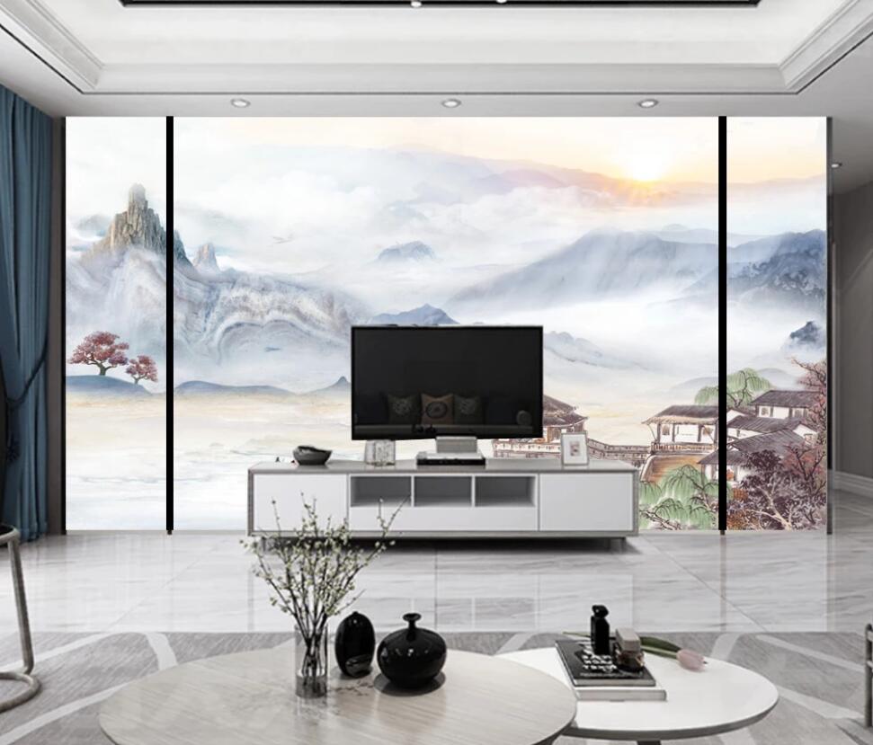 3D Pale Blue Cloudy Mountains 1696 Wall Murals