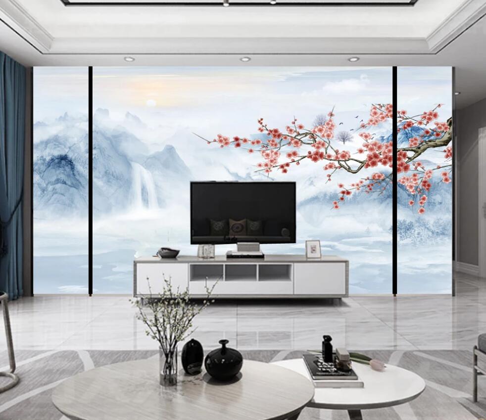 3D Blue Mountains And Red Plum 1695 Wall Murals