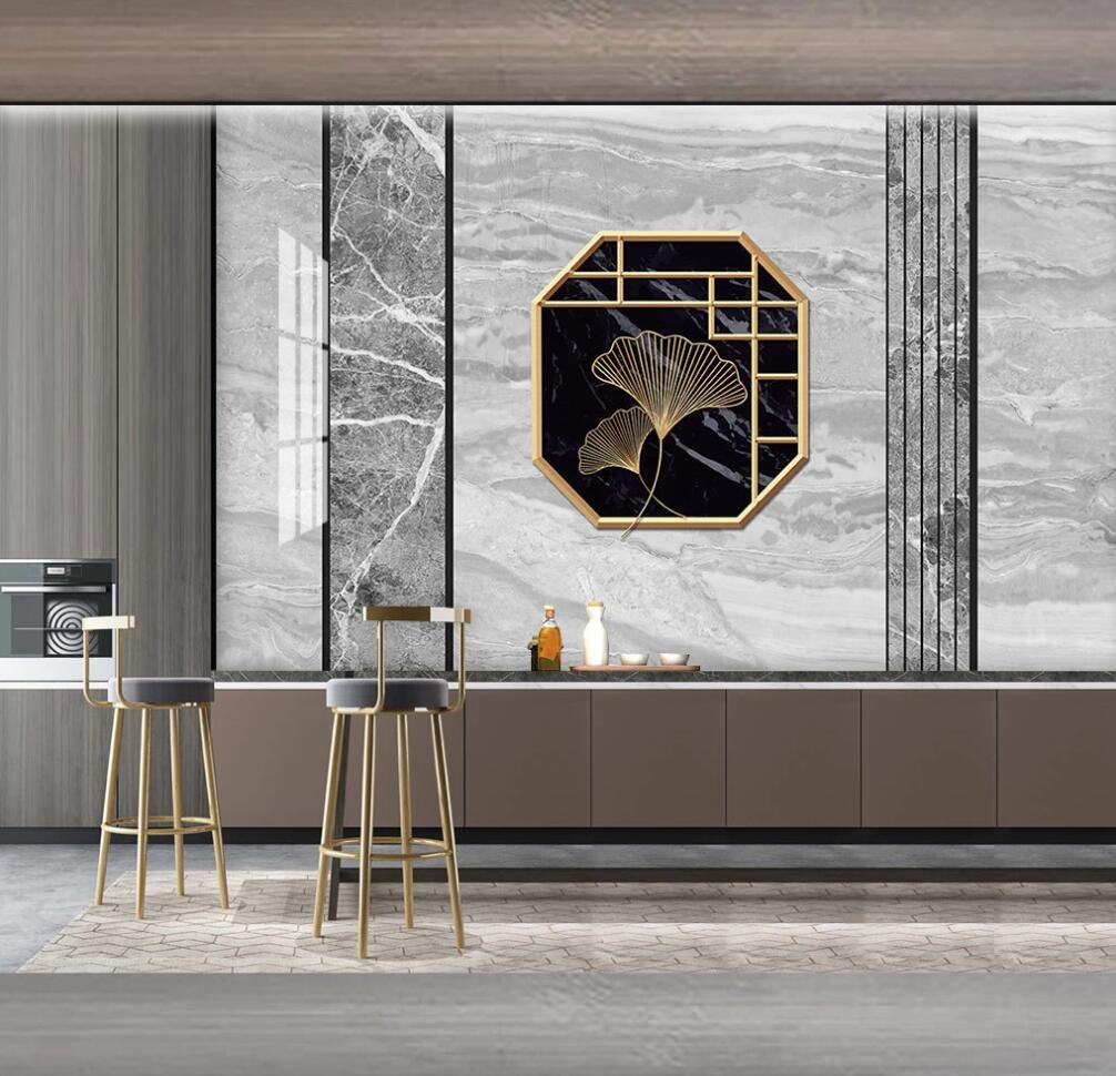 3D Two Golden Thread Ginkgo Leaves 1690 Wall Murals