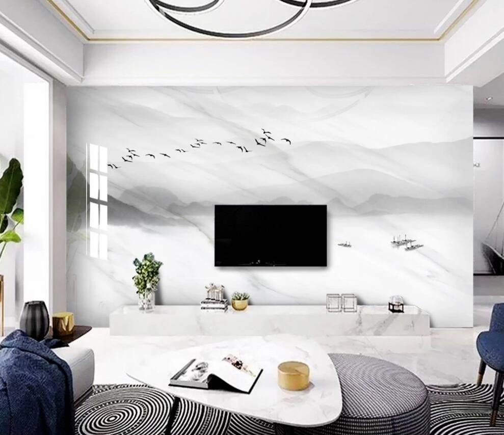 3D A Flock Of Birds In Pale Ink 1410 Wall Murals