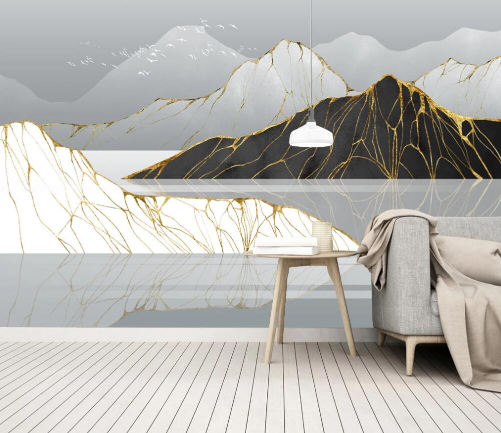 3D Mountains With Golden Thread 1678 Wall Murals
