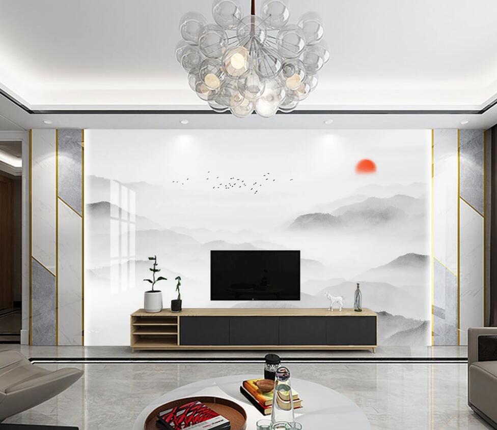 3D Red Sun And Faint Mountains 1636 Wall Murals