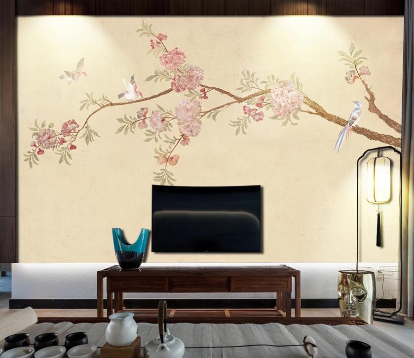 3D Pink Flowers And White Birds 1212 Wall Murals