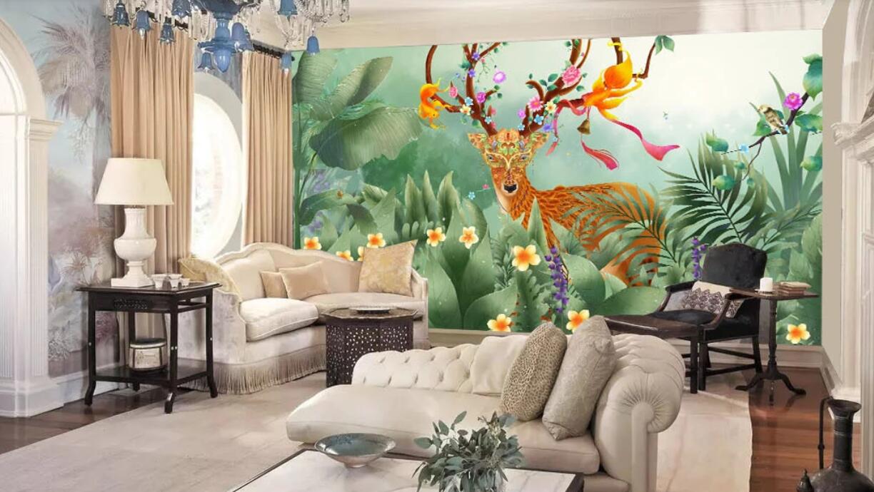 3D Orange Leaf Deer 1195 Wall Murals