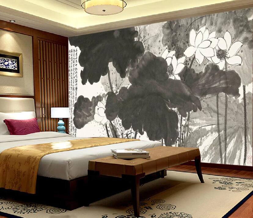 3D Lotus Blooming In Ink 1872 Wall Murals