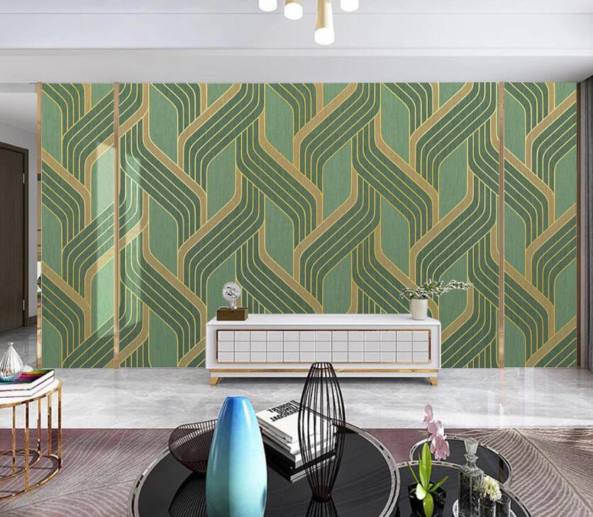 3D Interlacing Of Green And Yellow Waves 2002 Wall Murals
