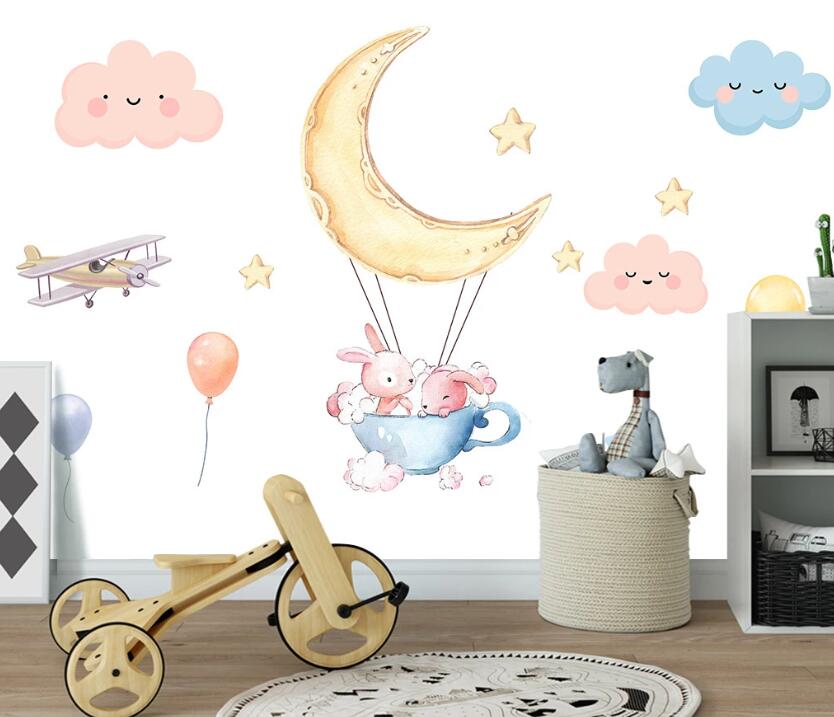 3D Moon And Pink Rabbits 2000 Wall Murals