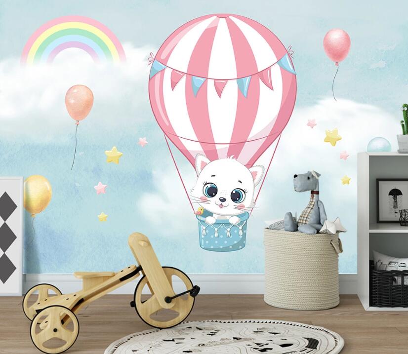 3D Pink Hot Air Balloon And Cat 1999 Wall Murals