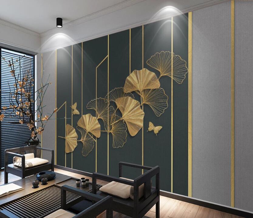 3D Golden Fan-shaped Leaves 1996 Wall Murals