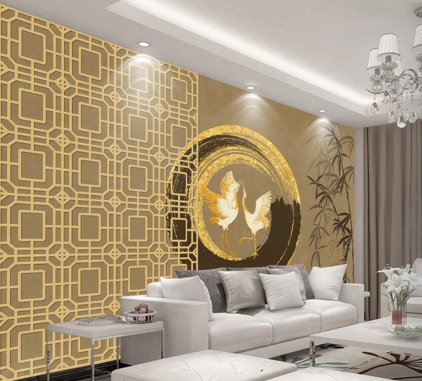 3D White Birds In Golden Circle 1993 Wall Murals