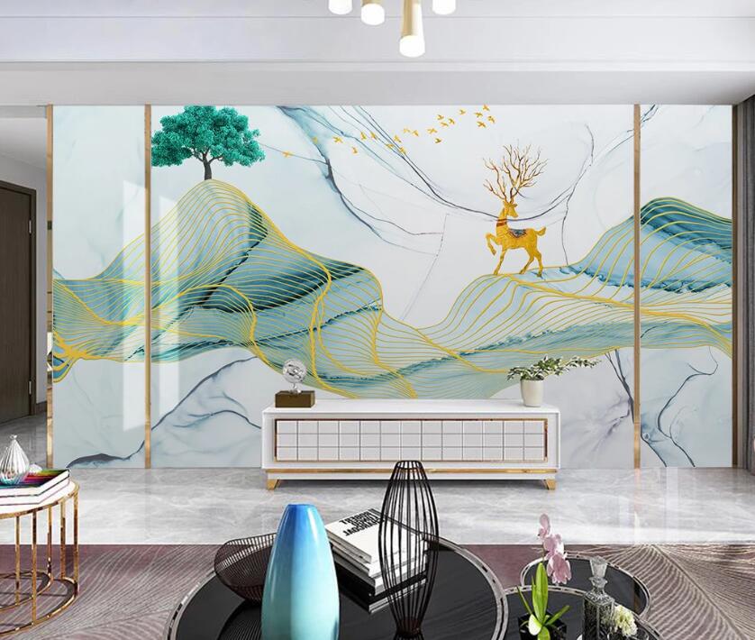 3D Gorgeous Golden Deer 1980 Wall Murals