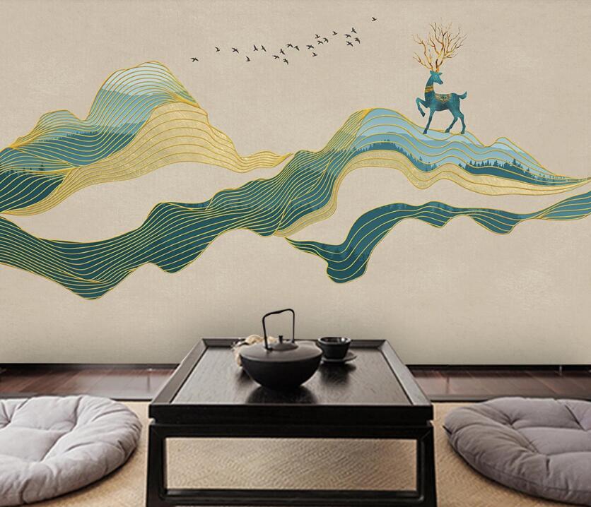 3D Blue Deer On Ribbon 1973 Wall Murals