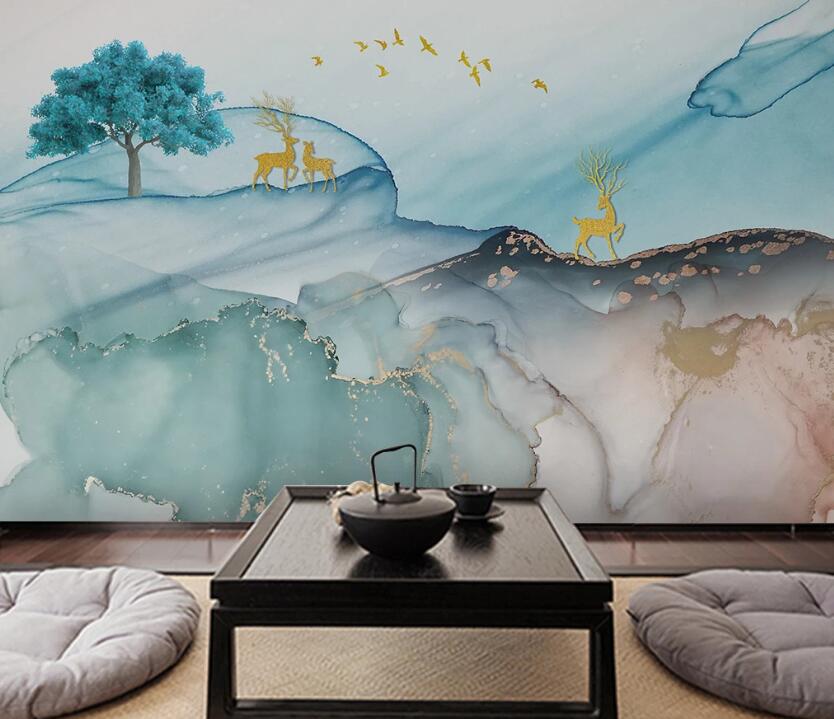 3D Blue Misty Mountains 1960 Wall Murals