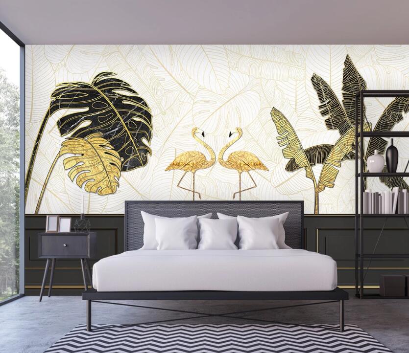 3D Golden Noble Flamingos 1946 Wall Murals