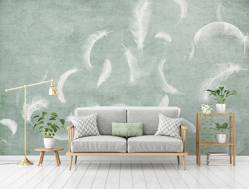 3D Light Green Texture And White Feathers 2150 Wall Murals