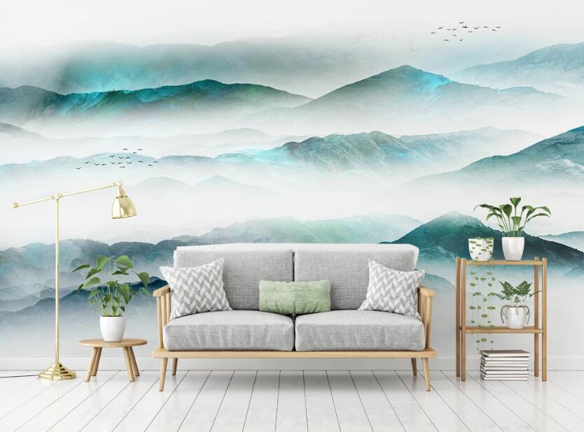 3D Fluorescent Blue Rolling Peaks 2087 Wall Murals