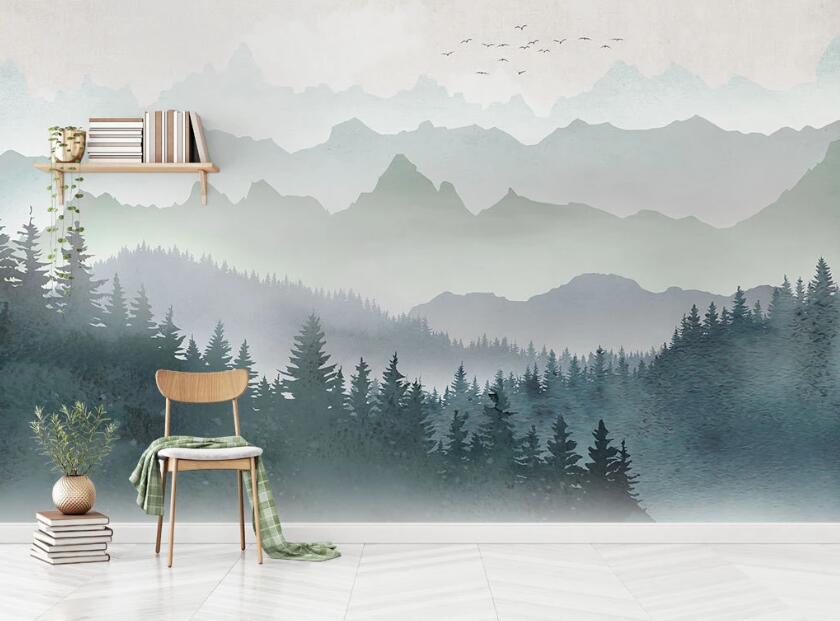 3D Pale Blue Hazy Distant Mountains 2077 Wall Murals
