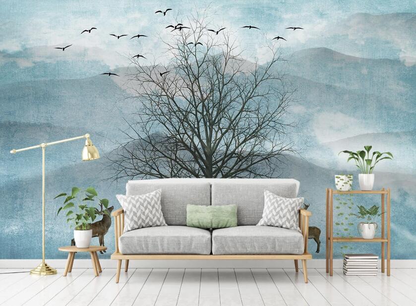 3D Indigo Dead Tree And Deer 2063 Wall Murals
