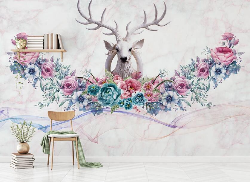 3D Flower Cluster And Statue Deer 2039 Wall Murals