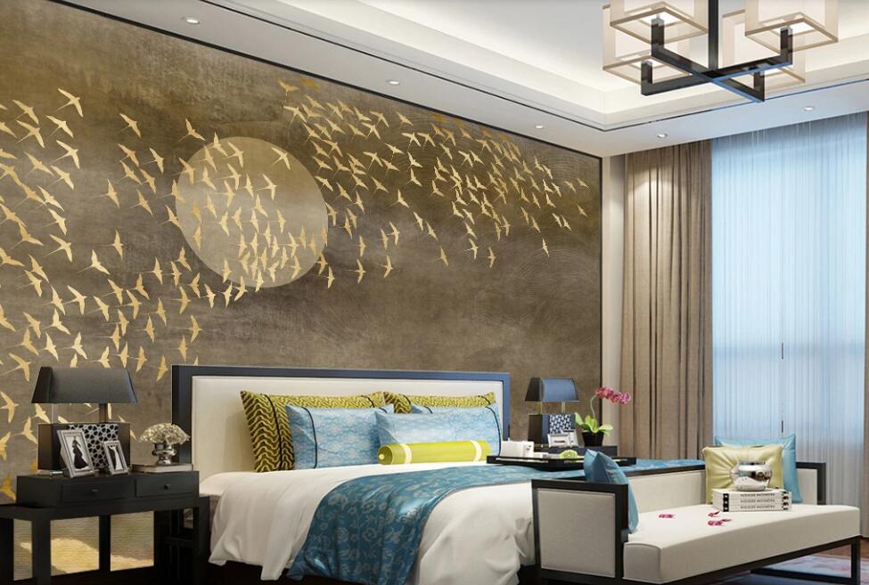 3D Golden Bird Flock 2327 Wall Murals