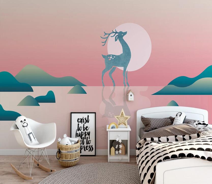 3D Blue Deer Before Sunrise 2575 Wall Murals