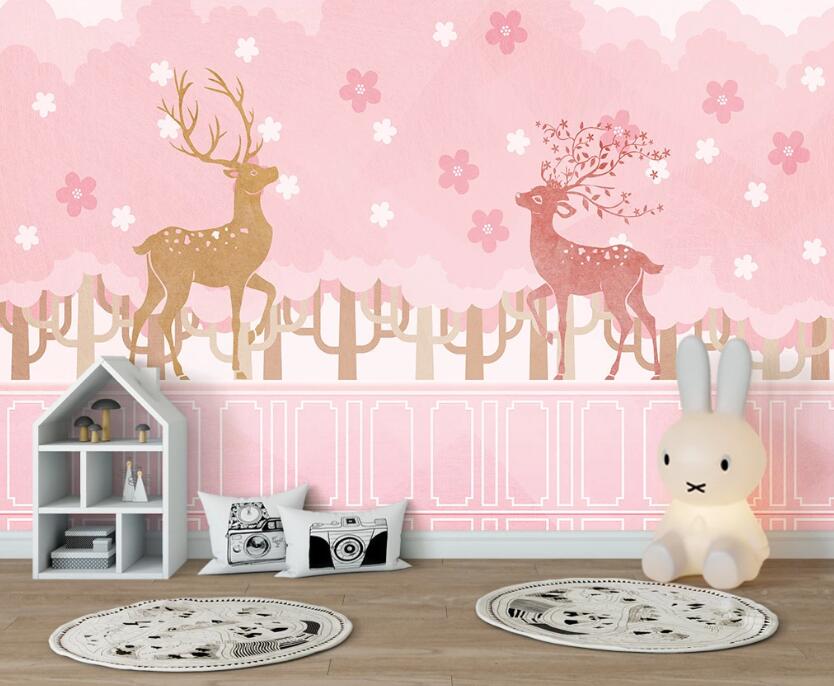 3D Pink And Dark Yellow Deer 2572 Wall Murals