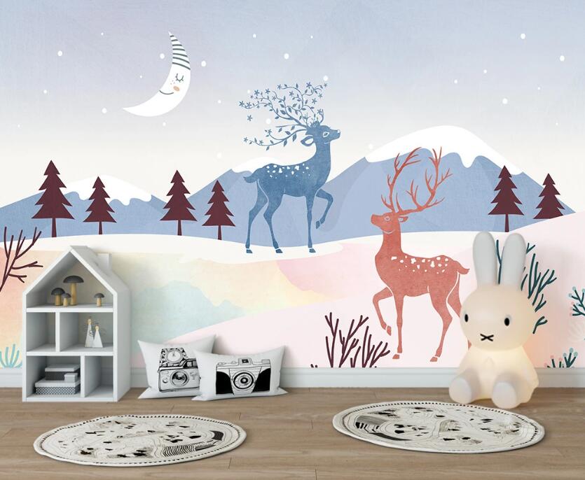 3D Blue And Red Deer 2561 Wall Murals