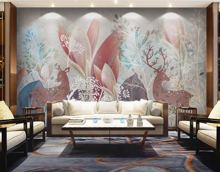 3D Brown-red Couple Deer 2508 Wall Murals