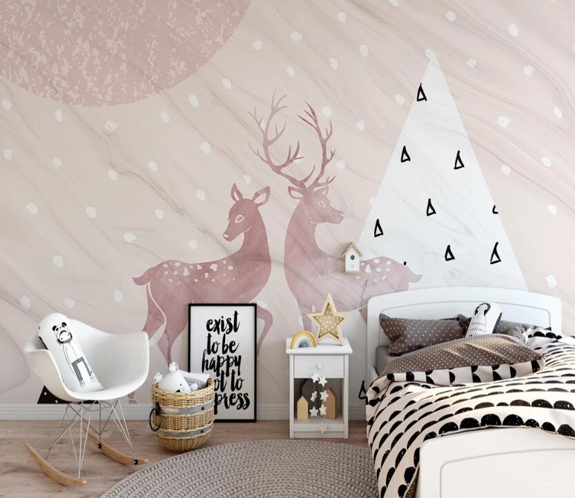 3D Pale Pink Couple Deer 2491 Wall Murals