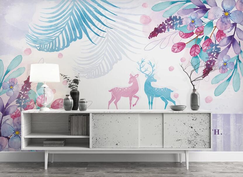 3D Pink And Blue Deer 2455 Wall Murals
