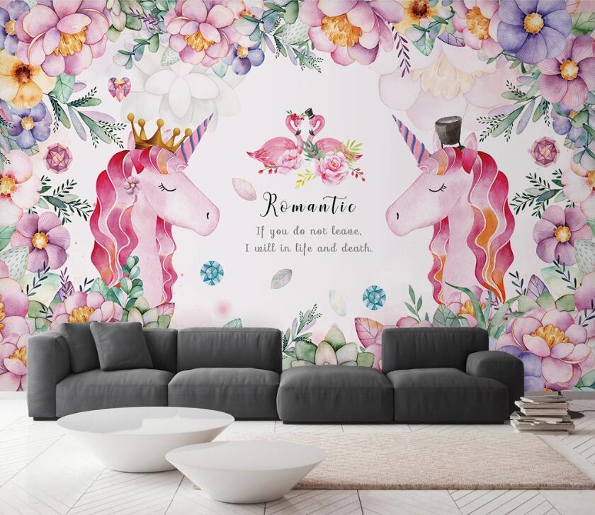 3D Pink Horses And Flamingos 2391 Wall Murals