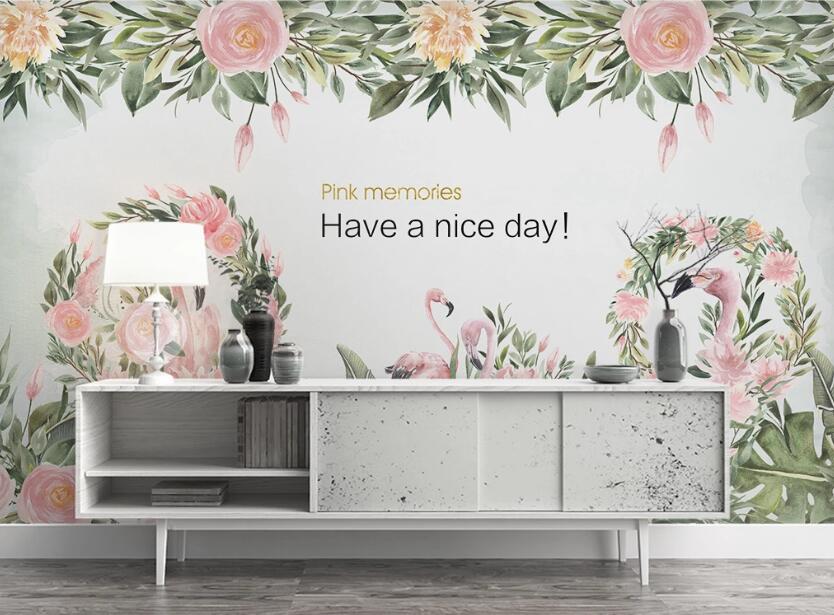 3D Flamingos Of Flowers 2382 Wall Murals