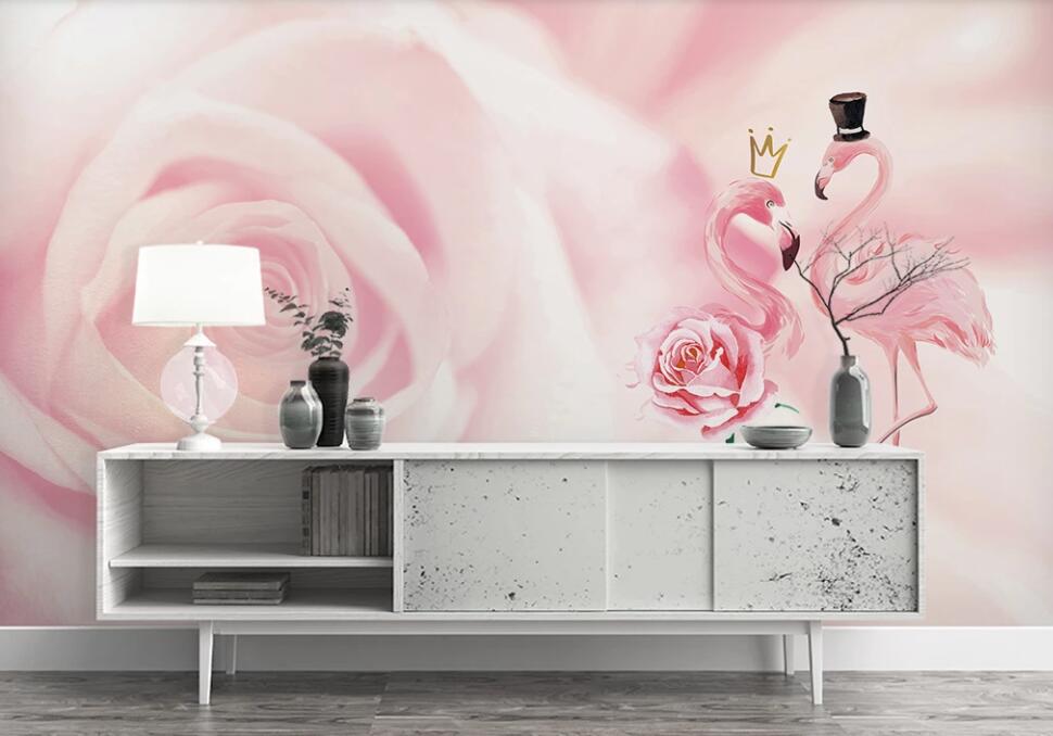 3D Pale Pink Rose Flamingos 1134 Wall Murals