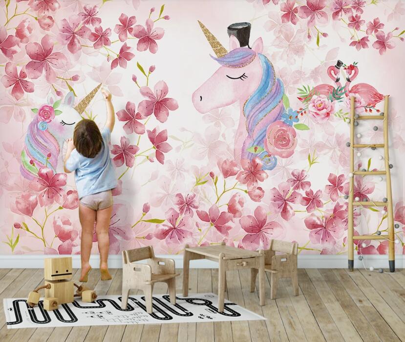 3D Pink Flower Rainbow Horse 1081 Wall Murals