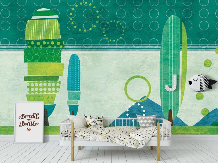 3D Green Childlike Cactus 1037 Wall Murals