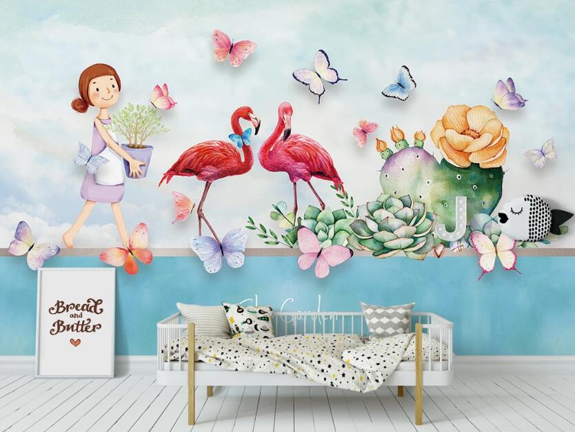3D Girl And Red Flamingo 1021 Wall Murals