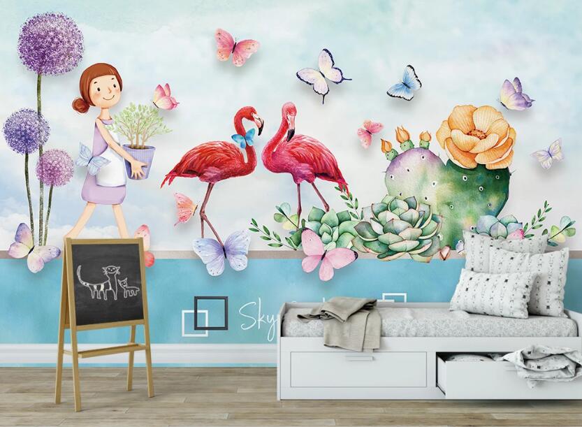 3D Girl And Red Flamingo 1021 Wall Murals