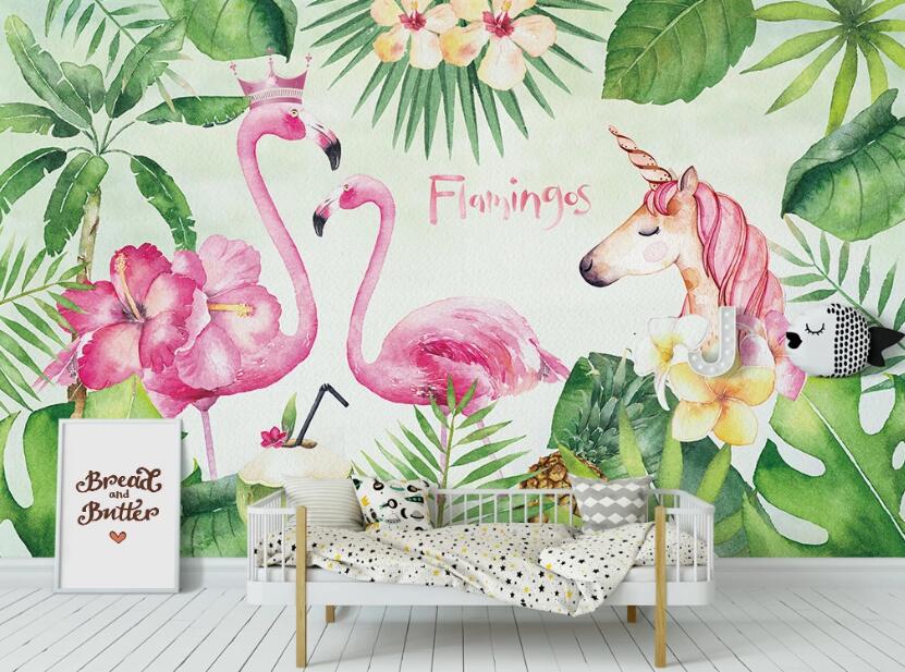 3D Green Leaf Flamingos 1020 Wall Murals