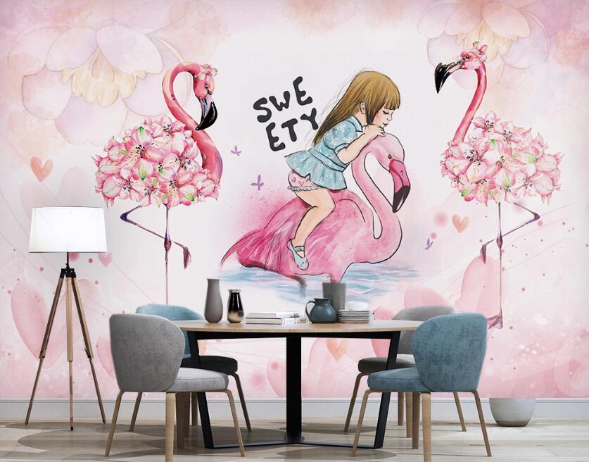 3D Girl And Flamingo 1017 Wall Murals
