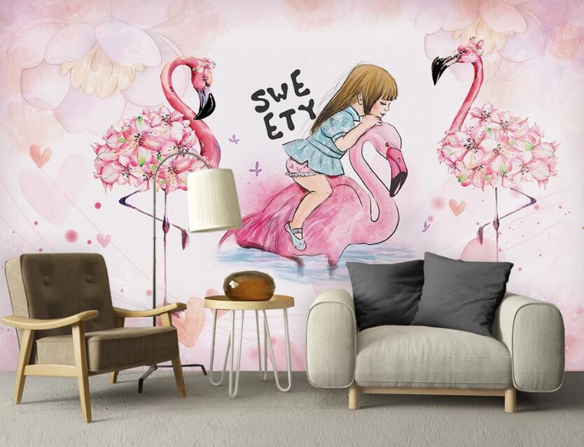 3D Girl And Flamingo 1017 Wall Murals