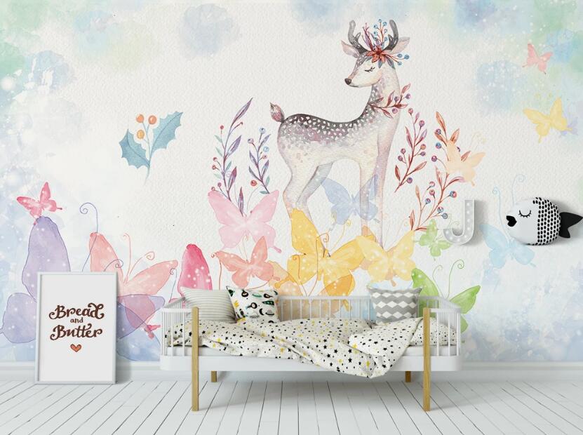 3D Deer And Colorful Butterflies 921 Wall Murals